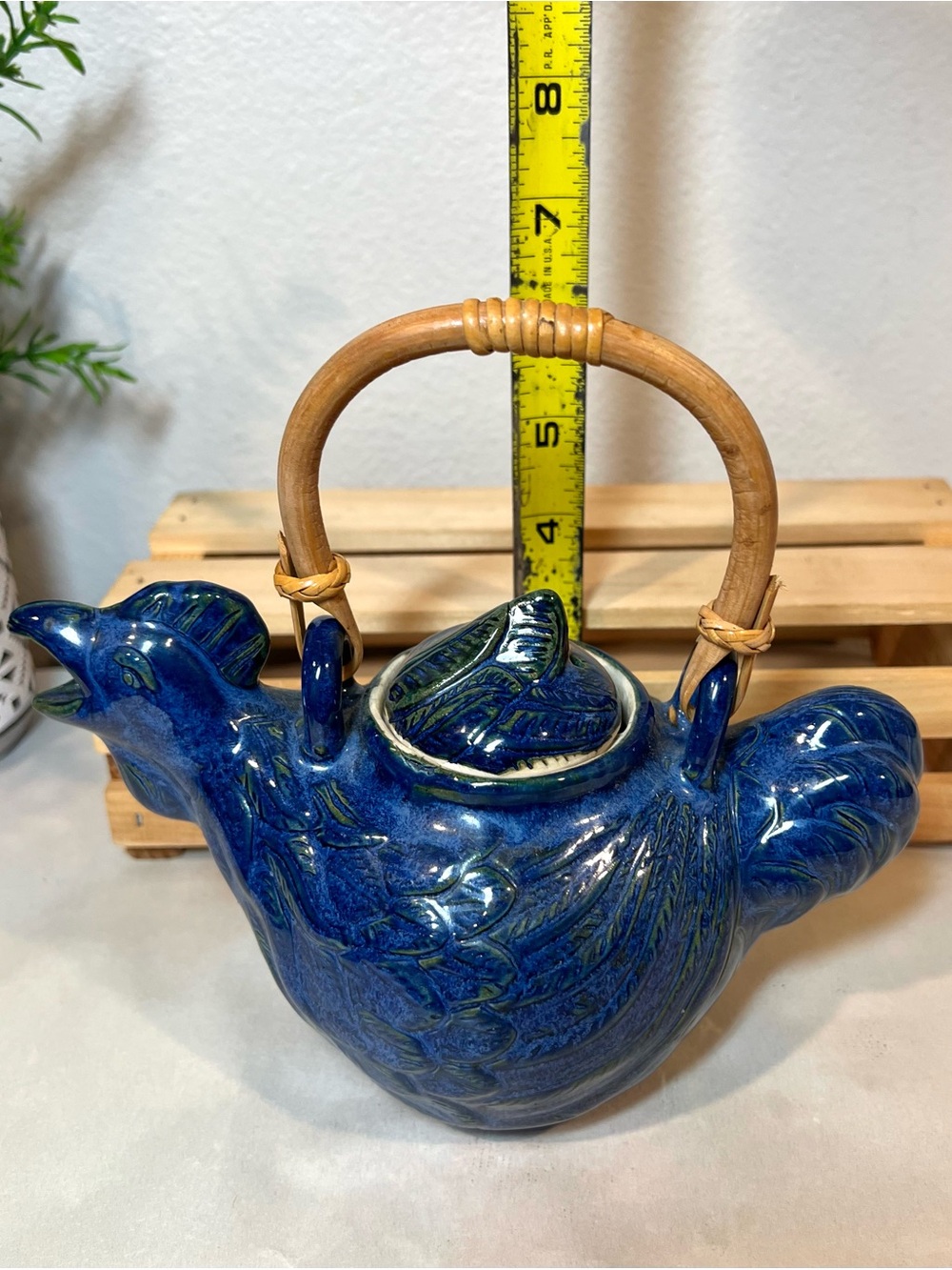 Ceramic Chicken Form Teapot | Cobalt Blue Ceramic w Bamboo Handle | Indonesia - Picture 11 of 11
